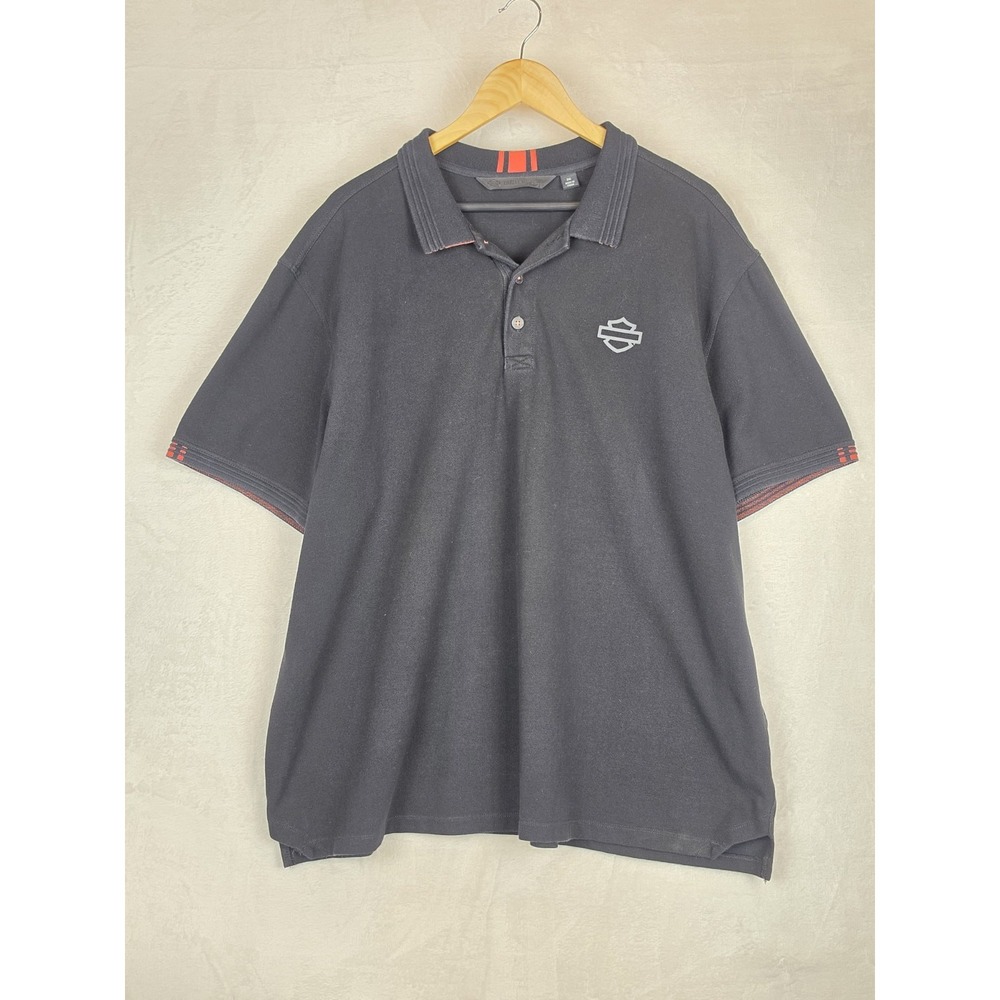 Harley Davidson Mens 2XL Black Polo Bar Shield Logo Striped Collar